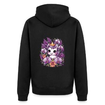 Kawaii Einhorn mit Orchideen und Flieder - Unisex Premium Bio Zip Hoodie - Schwarz - Hinten - Nico (187cm)