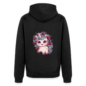 Cooles Kawaii Einhorn mit Kirschen - Unisex Premium Bio Zip Hoodie - Schwarz - Hinten - Nico (187cm)