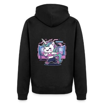Fitness Einhorn macht Fitness Pose - Unisex Premium Bio Zip Hoodie - Schwarz - Hinten - Nico (187cm)