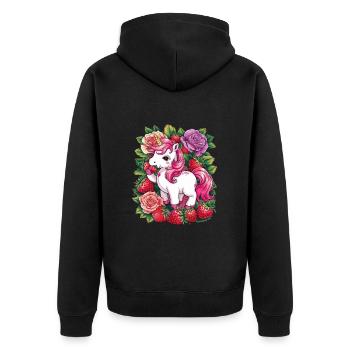 Kawaii Einhorn mit Erdbeeren und Rosen - Unisex Premium Bio Zip Hoodie - Schwarz - Hinten - Nico (187cm)
