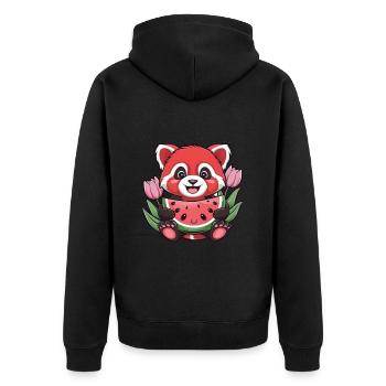 Roter Kawaii Panda mit Melonen und Tulpen - Unisex Premium Bio Zip Hoodie - Schwarz - Hinten - Nico (187cm)
