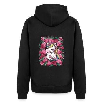 Kawaii Einhorn mit Erdbeeren und Rosen - Unisex Premium Bio Zip Hoodie - Schwarz - Hinten - Nico (187cm)
