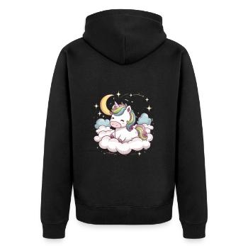 Kawaii Einhorn mit Wolken, Mond und Sternen - Unisex Premium Bio Zip Hoodie - Schwarz - Hinten - Nico (187cm)