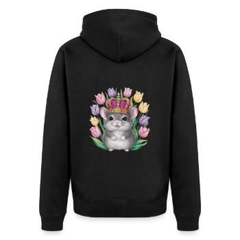 Kawaii Chinchilla mit Krone und bunten Tulpen - Unisex Premium Bio Zip Hoodie - Schwarz - Hinten - Nico (187cm)