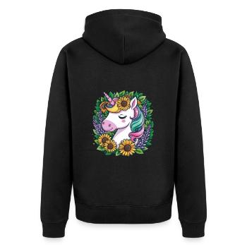 Kawaii Einhorn mit Sonnenblumen und Flieder - Unisex Premium Bio Zip Hoodie - Schwarz - Hinten - Nico (187cm)