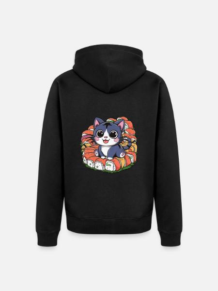 Cute kawaii cat loves sushi - Unisex Premium Organic Zip Hoodie - black