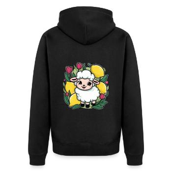 Kawaii Cartoon Schaf mit Zitronen und Tulpen - Unisex Premium Bio Zip Hoodie - Schwarz - Hinten - Nico (187cm)