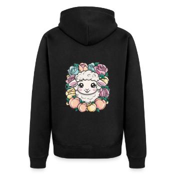 Kawaii Schaf mit Pfirsichen uund Rosen - Unisex Premium Bio Zip Hoodie - Schwarz - Hinten - Nico (187cm)
