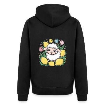 Kawaii Cartoon Schaf mit Zitronen und Tulpen - Unisex Premium Bio Zip Hoodie - Schwarz - Hinten - Nico (187cm)