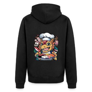 Großer Cartoon Kawaii Drache mit Sushi Platte. - Unisex Premium Bio Zip Hoodie - Schwarz - Hinten - Nico (187cm)