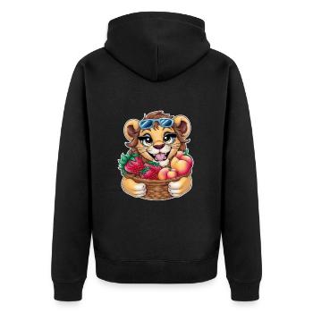 Kawaii Löwe mit Erdbeeren und Pfirsichen - Unisex Premium Bio Zip Hoodie - Schwarz - Hinten - Nico (187cm)