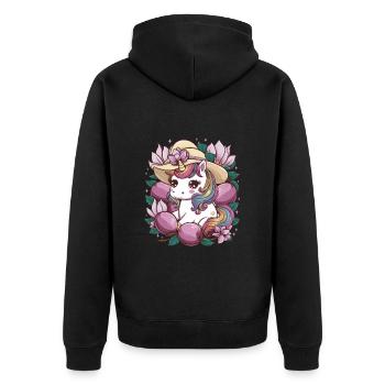 Licorne Kawaii avec des prunes et des fleurs - Veste à capuche bio Premium Unisexe - noir - Dos - Nico (187cm)