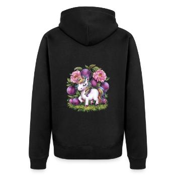 Licorne Kawaii avec des prunes et des fleurs - Veste à capuche bio Premium Unisexe - noir - Dos - Nico (187cm)