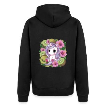 Cartoon Kawaii Einhorn mit Kiwi und Hibiskus - Unisex Premium Bio Zip Hoodie - Schwarz - Hinten - Nico (187cm)