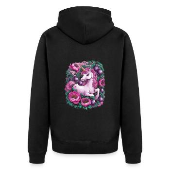 Licorne Kawaii avec des prunes et des fleurs - Veste à capuche bio Premium Unisexe - noir - Dos - Nico (187cm)
