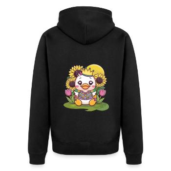 Kawaii Ente mit Krone, Tulpen und Sonnenblumen - Unisex Premium Bio Zip Hoodie - Schwarz - Hinten - Nico (187cm)
