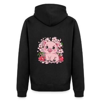 Süßes Kawai Schwein mit Sakura Kirschblüten - Unisex Premium Bio Zip Hoodie - Schwarz - Hinten - Nico (187cm)