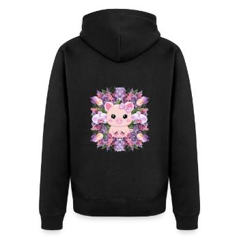 Schwein im Cartoon Kawaii Stil mit Orchideen - Unisex Premium Bio Zip Hoodie - Schwarz - Hinten - Nico (187cm)