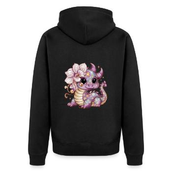 Cartoon Kawaii Drache mit schönen Orchideen - Unisex Premium Bio Zip Hoodie - Schwarz - Hinten - Nico (187cm)