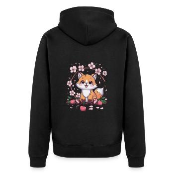 Kawaii Fuchs mit Kirschen und Sakura Kirschblüten - Unisex Premium Bio Zip Hoodie - Schwarz - Hinten - Nico (187cm)