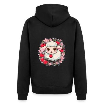 Kawaii Schaf mit Kirschen & Sakura Kirschblüten - Unisex Premium Bio Zip Hoodie - Schwarz - Hinten - Nico (187cm)