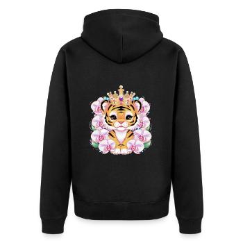 Kawaii Tiger mit Krone und prachtvollen Orchideen - Unisex Premium Bio Zip Hoodie - Schwarz - Hinten - Nico (187cm)