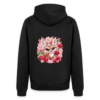 Kawaii Fuchs mit Kirschen und Sakura Kirschblüten - Unisex Premium Bio Zip Hoodie - Schwarz - Hinten - Nico (187cm)