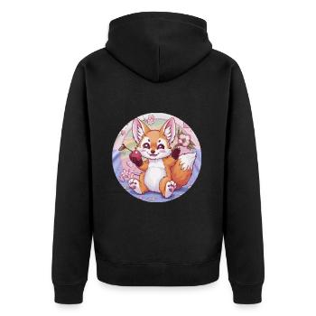 Kawaii Fuchs mit Kirschen und Sakura Kirschblüten - Unisex Premium Bio Zip Hoodie - Schwarz - Hinten - Nico (187cm)