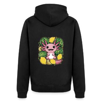 Kawaii Axolotl with Lemons and Watermelons - Unisex Premium Organic Zip Hoodie - black - Back - Nico (187cm)