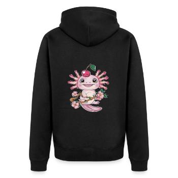 Axolotl with Cherries and Sakura Cherry Blossoms - Unisex Premium Organic Zip Hoodie - black - Back - Nico (187cm)