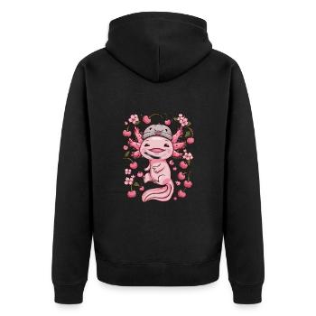 Axolotl mit Kirschen und Sakura Kirschblüten - Unisex Premium Bio Zip Hoodie - Schwarz - Hinten - Nico (187cm)