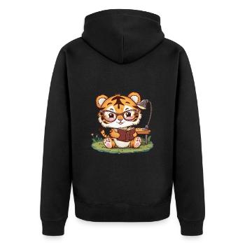 Kawaii Tiger im Cartoon Stil mit Buch - Unisex Premium Bio Zip Hoodie - Schwarz - Hinten - Nico (187cm)