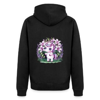 Kawaii Einhorn mit Lavendel und Lillien - Unisex Premium Bio Zip Hoodie - Schwarz - Hinten - Nico (187cm)