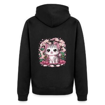 Chat kawaii avec fleurs de cerisier et cerises - Veste à capuche bio Premium Unisexe - noir - Dos - Nico (187cm)