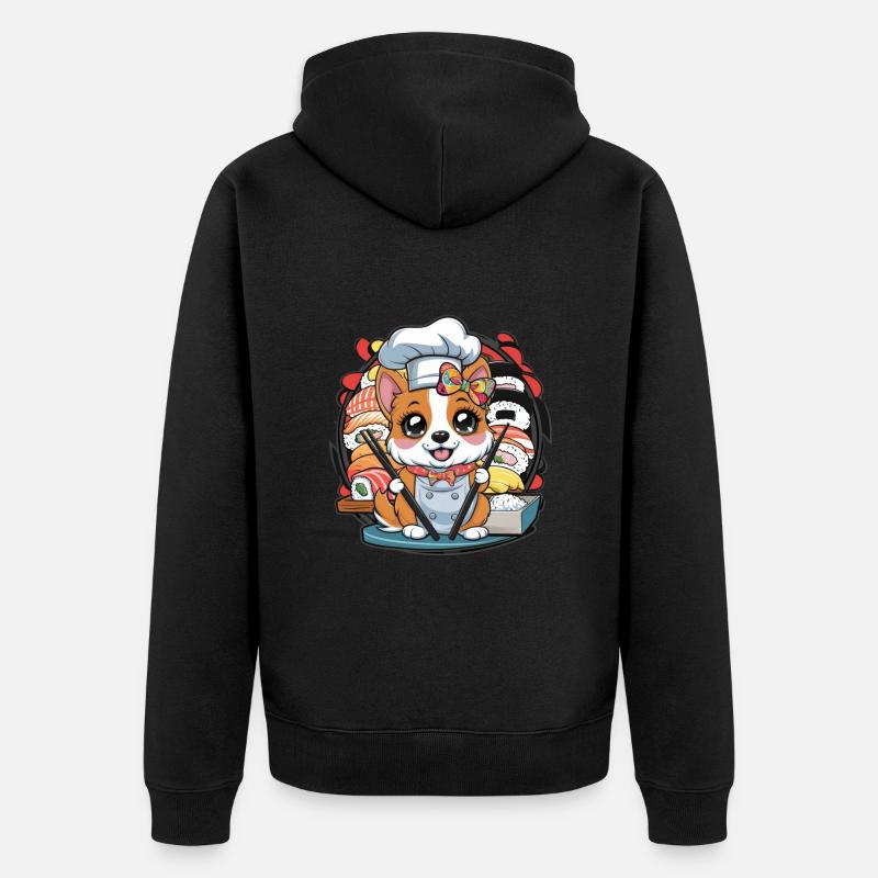 Chien Kawaii mignon avec sushis - Veste à capuche bio Premium Unisexe - noir