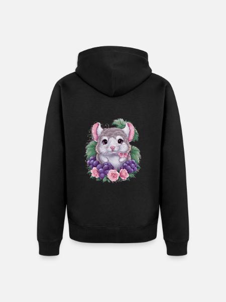 Kawaii chinchilla med røde druer og roser - Premium økologisk unisex-hættejakke - sort