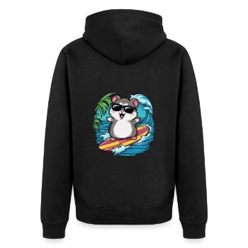 Hamster im Cartoon Stil mit Surfbrett und Strand - Unisex Premium Bio Zip Hoodie - Schwarz - Hinten - Nico (187cm)