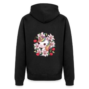 Dessin animé Licorne Kawaii avec des cerises et des lys - Veste à capuche bio Premium Unisexe - noir - Dos - Nico (187cm)