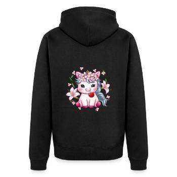 Dessin animé Licorne Kawaii avec des cerises et des lys - Veste à capuche bio Premium Unisexe - noir - Dos - Nico (187cm)
