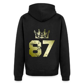 87 Zahl Krone - Unisex Premium Bio Zip Hoodie - Schwarz - Hinten - Nico (187cm)