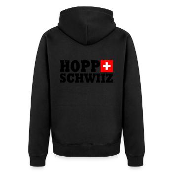 Hopp schwiiz - Unisex Premium Bio Zip Hoodie - Schwarz - Hinten - Nico (187cm)