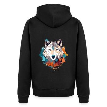Wolf Wolfskopf Raubtier Bunt Natur Wildnis Kunst - Unisex Premium Bio Zip Hoodie - Schwarz - Hinten - Nico (187cm)