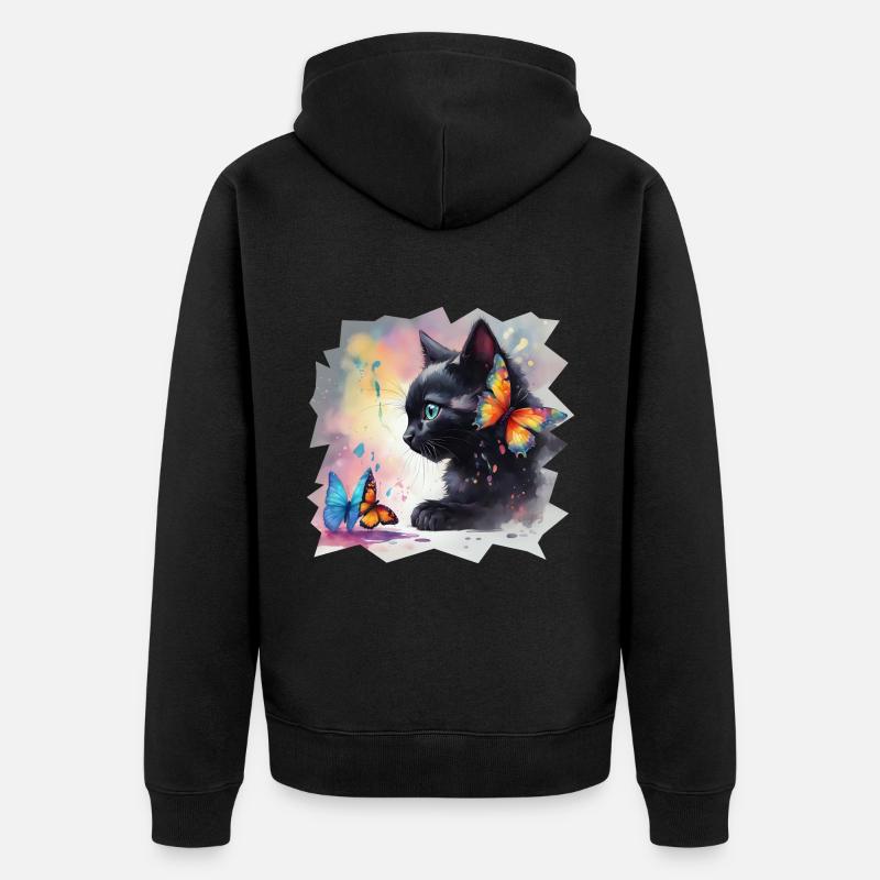 Chaton avec des papillons - Veste à capuche bio Premium Unisexe - noir