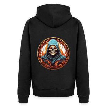Sensenmann mit Kutte im Feuerkreis - Unisex Premium Bio Zip Hoodie - Schwarz - Hinten - Nico (187cm)