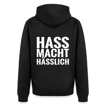 Hass macht hässlich - Unisex Premium Bio Zip Hoodie - Schwarz - Hinten - Nico (187cm)