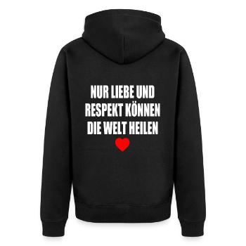 nur liebe und respekt können die welt heilen - Unisex Premium Bio Zip Hoodie - Schwarz - Hinten - Nico (187cm)