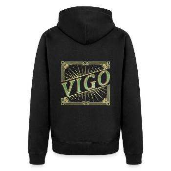 Vigo Spanien Stadt Schrift Vintage Retro Skyline - Unisex Premium Bio Zip Hoodie - Schwarz - Hinten - Nico (187cm)