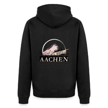 Aachen Deutschland Stadt Skyline Schrift Gold - Unisex Premium Bio Zip Hoodie - Schwarz - Hinten - Nico (187cm)