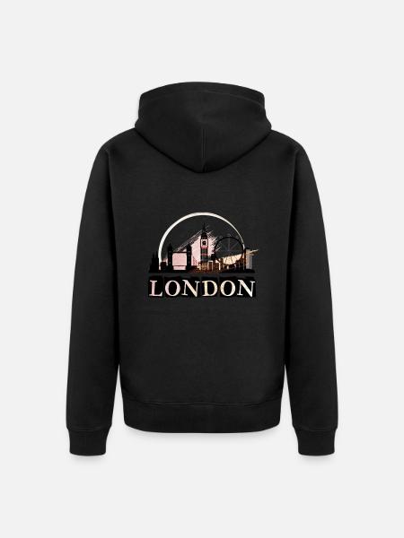 London England UK City Skyline Font Gold - Unisex Premium Organic Zip Hoodie - black