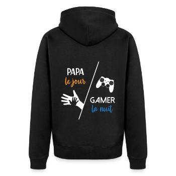 Papa le jour gamer la nuit - humour parent - Veste à capuche bio Premium Unisexe - noir - Dos - Nico (187cm)